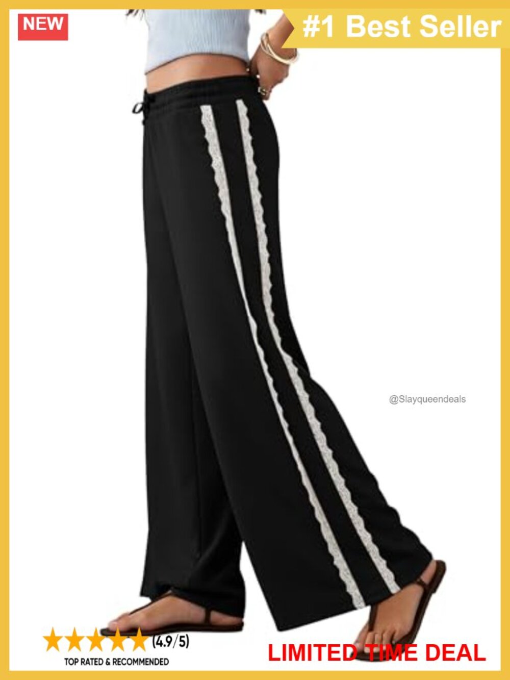 Lace Trim Wide Leg Palazzo Pants High Waist Cotton Polyester Trousers